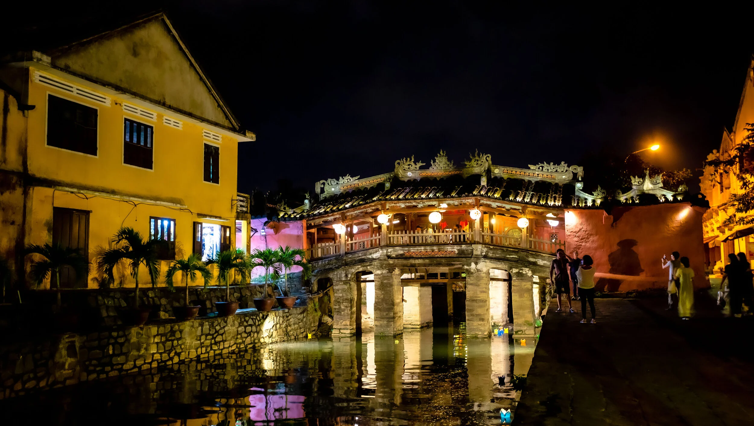 Japanese Covered Bridge at night, illuminated Hoi An landmark